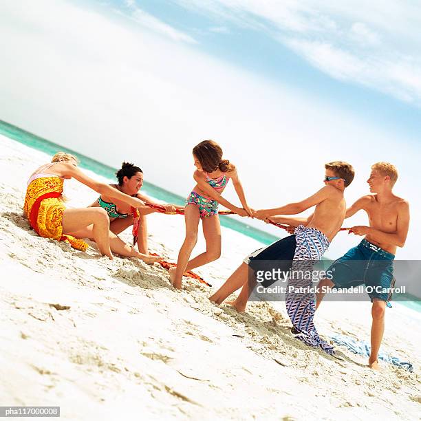 group of people playing tug of war on the beach - war stock-fotos und bilder