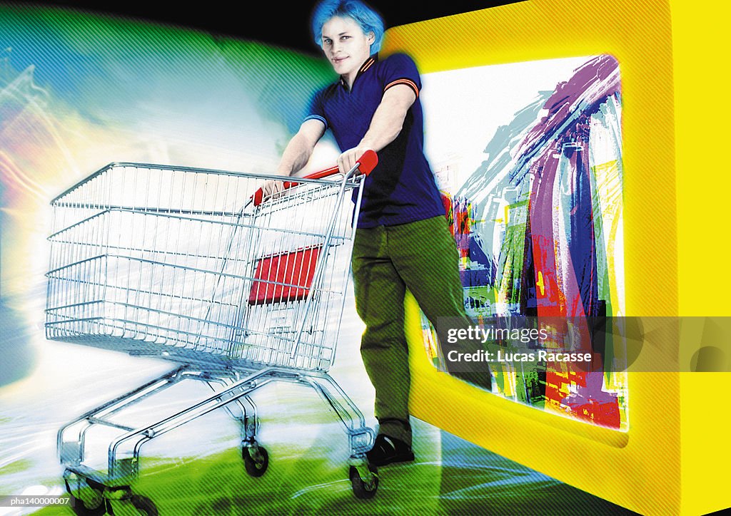 Young woman emerging from computer monitor, pushing shopping cart, digital composite.