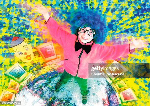 young boy smiling in cyberspace, arms extended, digital composite. - cyberspace stock pictures, royalty-free photos & images