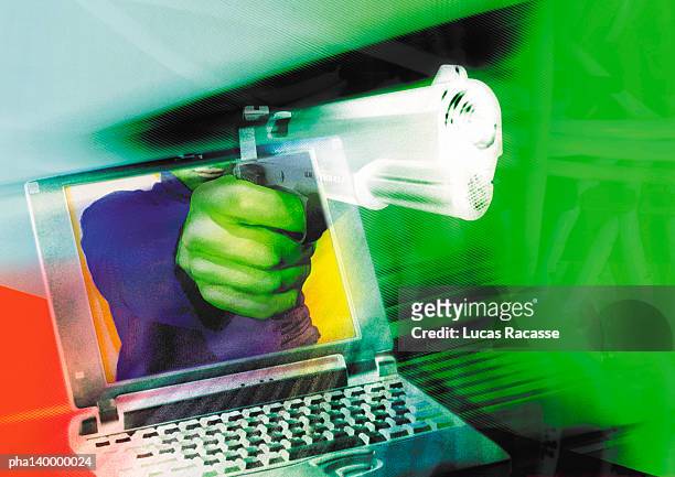 hand holding gun, emerging from laptop screen, digital composite. - ominous computer stock pictures, royalty-free photos & images