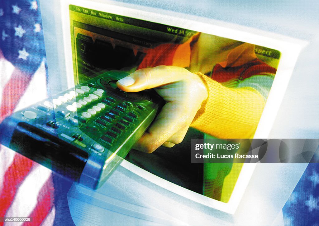 Woman's hand emerging from computer monitor, holding remote control, digital composite.