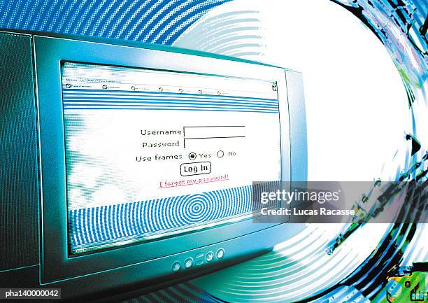 computer in cyberspace, log in message on screen, digital composite. - cyberspace stock pictures, royalty-free photos & images