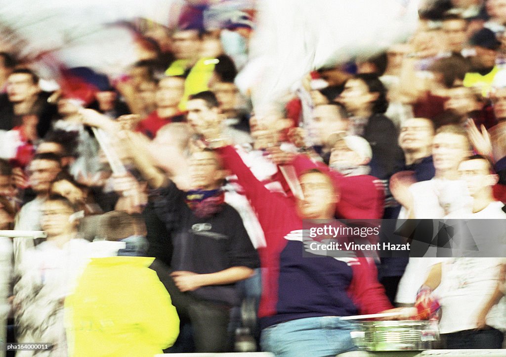 Soccer fans at a match, blurred.