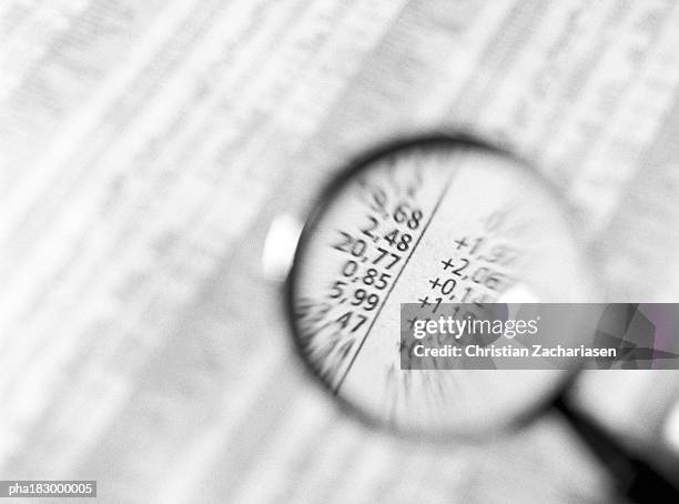 financial numbers under magnifying glass, close-up, b&w - share prices of consumer companies pushes dow jones industrials average sharply higher stockfoto's en -beelden