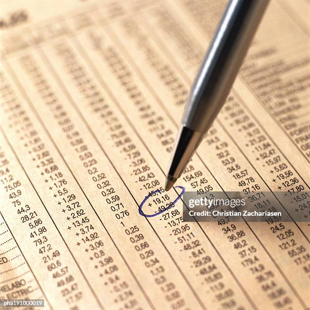 pen above circled number. - share prices of consumer companies pushes dow jones industrials average sharply higher stockfoto's en -beelden