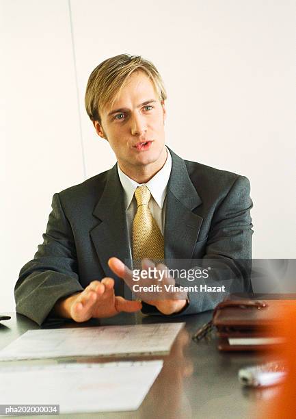 businessman sitting at table talking. - overheidsberoep stockfoto's en -beelden