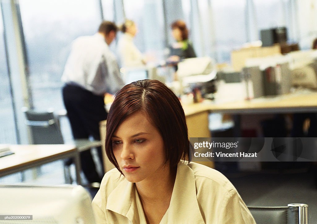 Businesswoman working on computer, business people working in background.