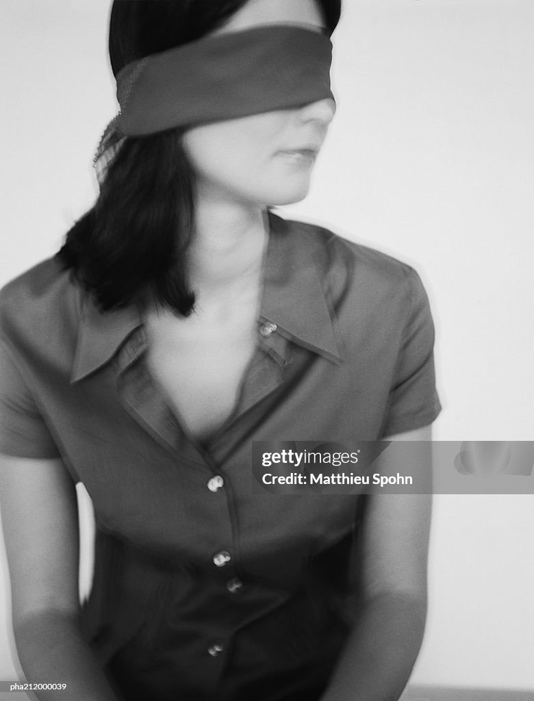 Woman with a blindfold, b&w.