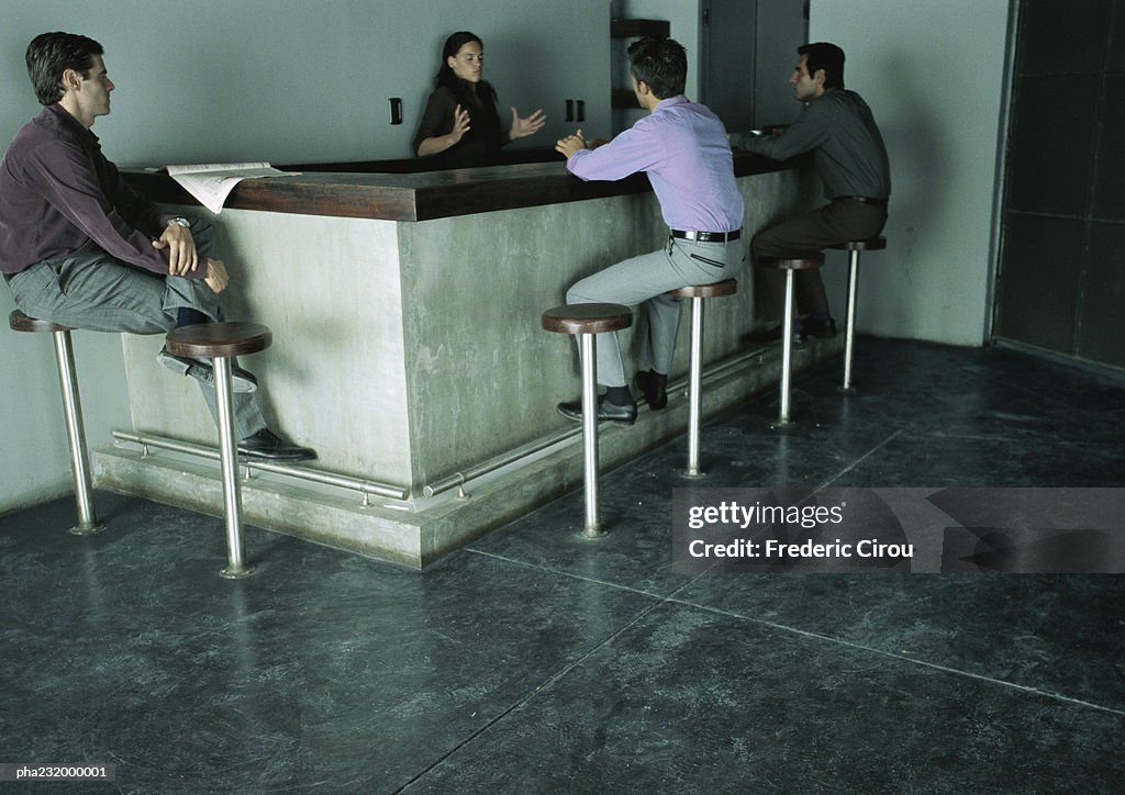 Men sitting at bar talking to woman behind bar.