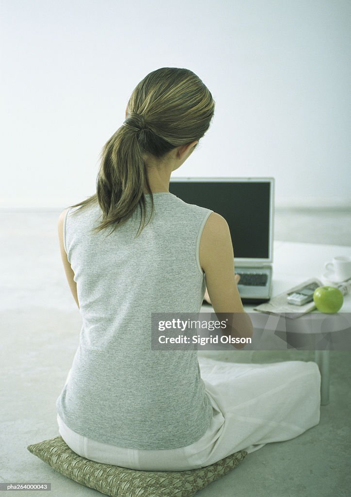 Woman sitting on cushion on floor at coffee table with laptop, rear view