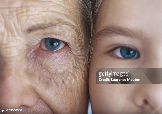 girl and grandmother, cheek to cheek, close-up, partial view - close up woman eyes stock-fotos und bilder