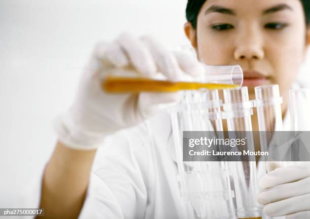 woman transferring contents of test tube - transfering stock pictures, royalty-free photos & images