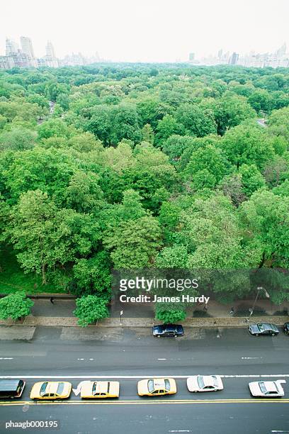 new york, manhattan, taxis parked next to central park, high angle view - manhattan foto e immagini stock