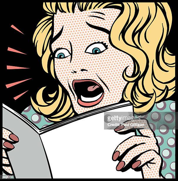 shocked woman with magazine - paal stock illustrations
