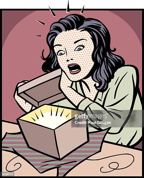 shocked woman opening gift - paul stock illustrations