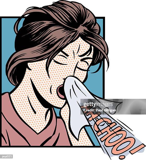 ilustraciones, imágenes clip art, dibujos animados e iconos de stock de woman sneezing - woman blowing nose