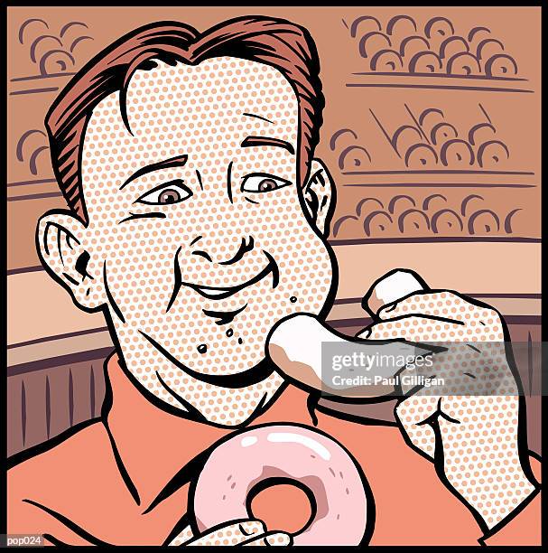 stockillustraties, clipart, cartoons en iconen met man eating doughnuts - paul