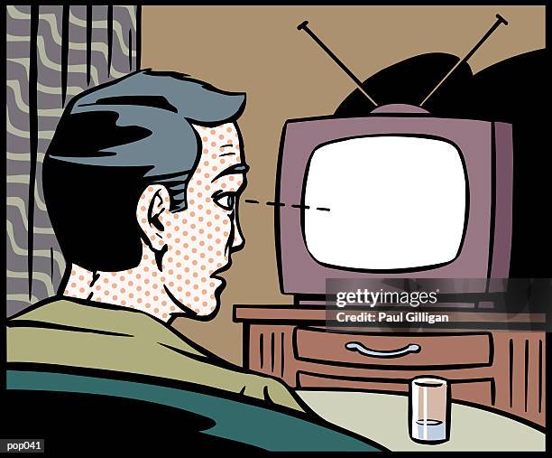 stockillustraties, clipart, cartoons en iconen met man watching television - paul