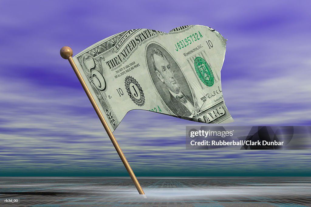 A five dollar bill flag with torn edges waves against a purple sky background