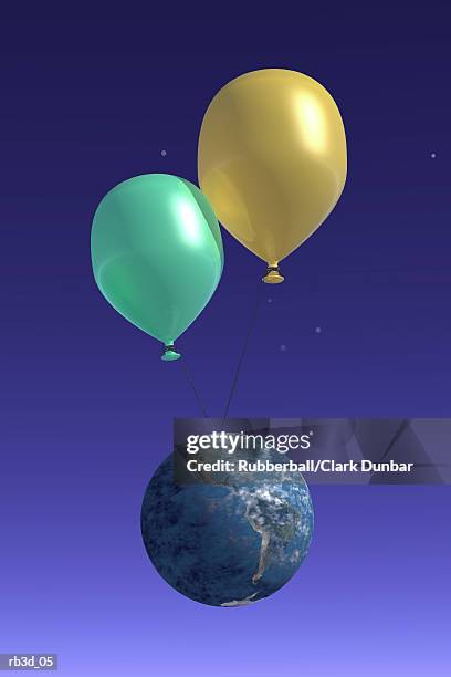 yellow and green balloons keep the earth afloat in a blue atmosphere - keep imagens e fotografias de stock