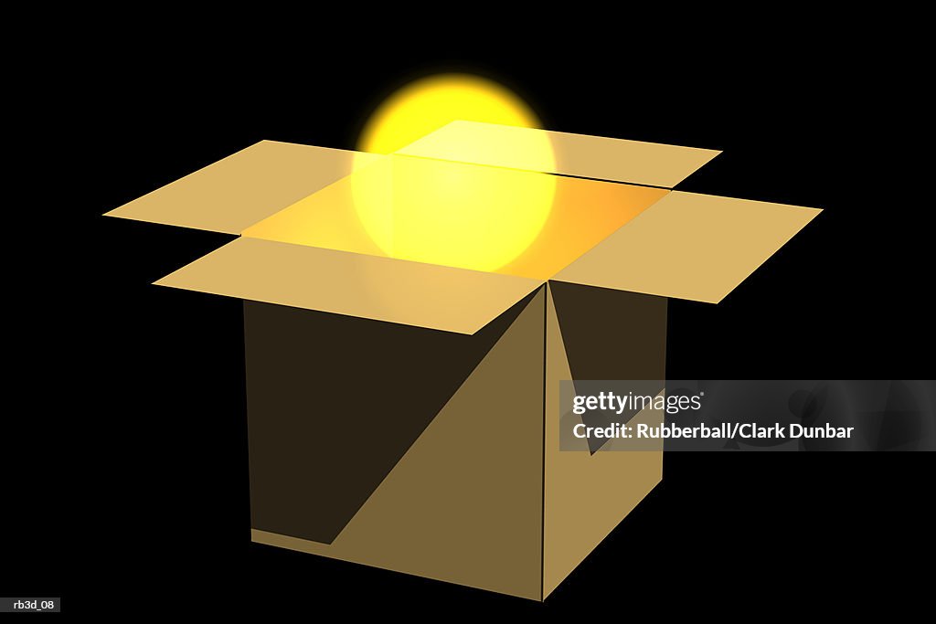 A golden globe rises from a box against a black background