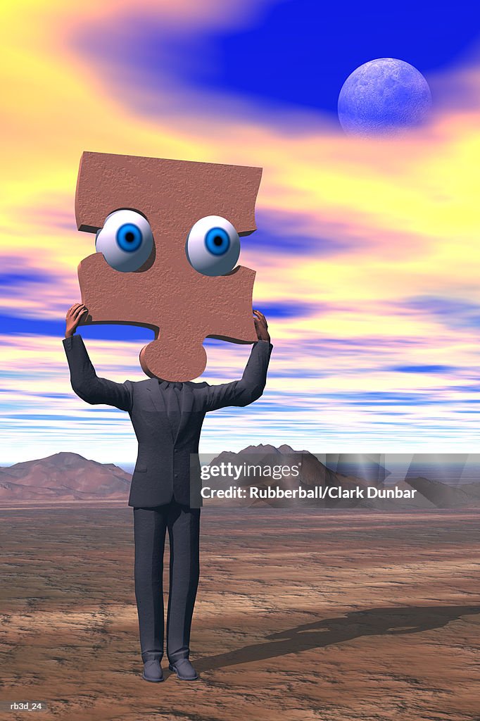 Puzzle piece with eyes on man in desert landscape with clouds and moon