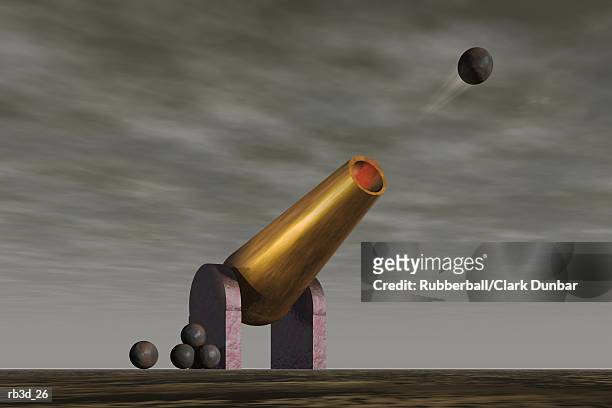 ilustraciones, imágenes clip art, dibujos animados e iconos de stock de brass cannon fires round black balls into a grey sky - forma de falo