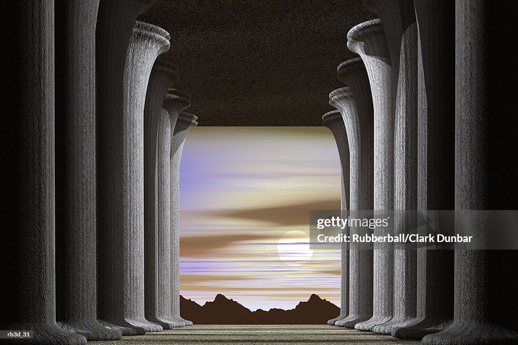 Hallway of pillars open into a landscape