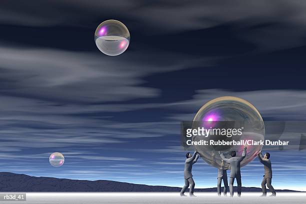 ilustraciones, imágenes clip art, dibujos animados e iconos de stock de four men hold up a bubble while two bubbles float in a cloudy night sky - night in