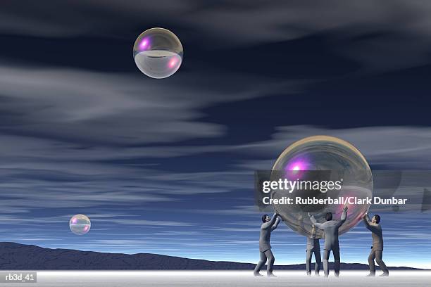 four men hold up a bubble while two bubbles float in a cloudy night sky - dunbar stock illustrations