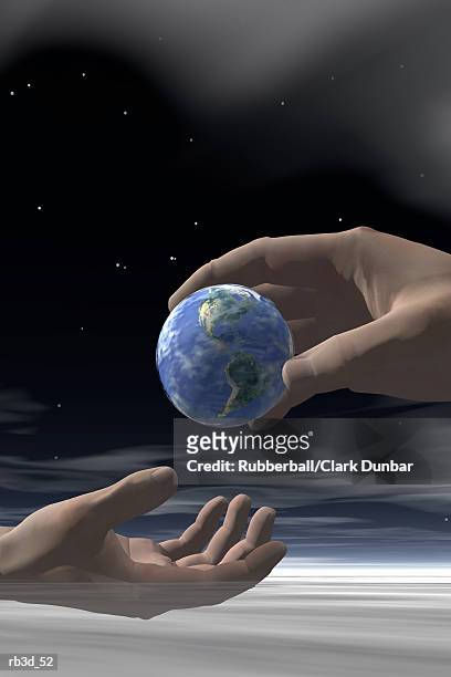 stockillustraties, clipart, cartoons en iconen met one hand gives earth to another - world at your fingertips