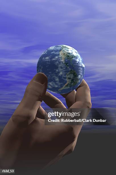 stockillustraties, clipart, cartoons en iconen met hand holds earth against blue cloudy sky - world at your fingertips