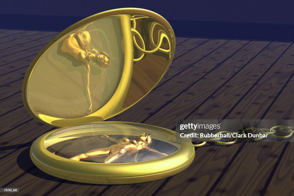 Metallic woman in gold pocket mirror watch