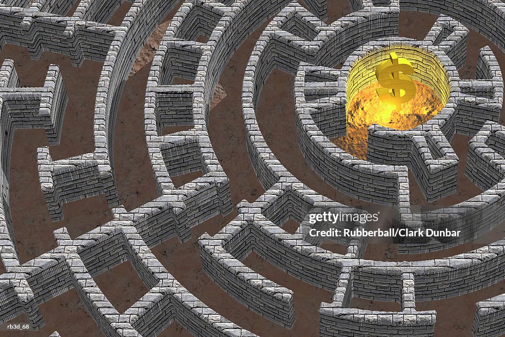 Sky view of maze with dollar symbol golden center