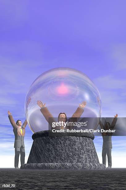 a crystal ball is surrounded by a group of businessmen trying to conjure visions of the future - crystal stock-grafiken, -clipart, -cartoons und -symbole