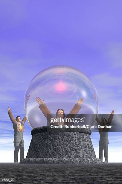 ilustrações, clipart, desenhos animados e ícones de a crystal ball is surrounded by a group of businessmen trying to conjure visions of the future - crystal