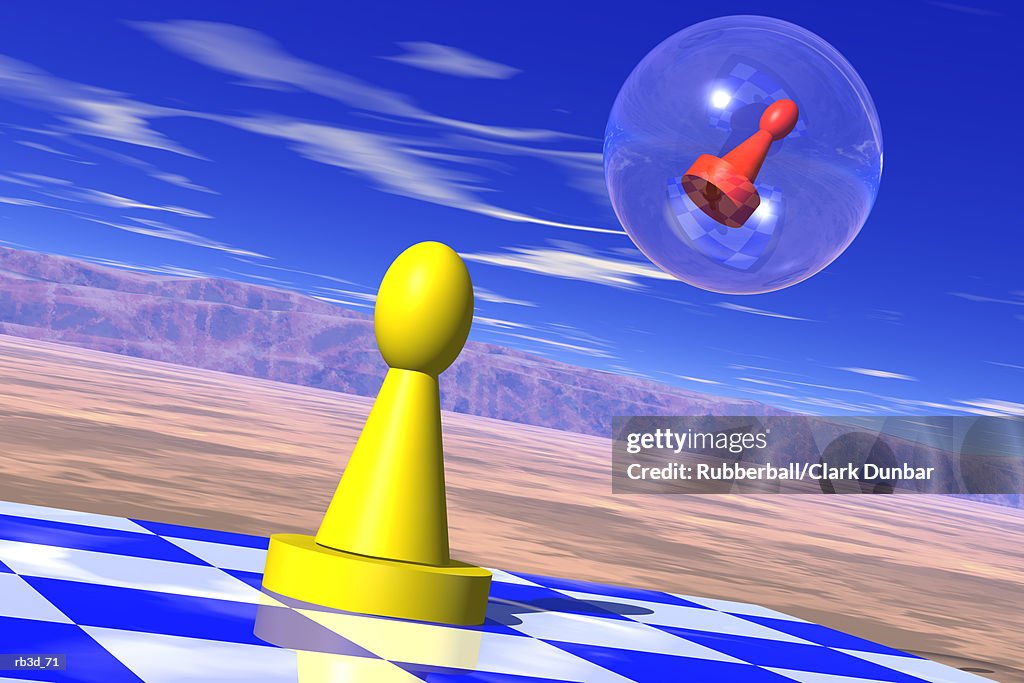 Yellow game piece stands on a chess board while red piece floats away in a bubble