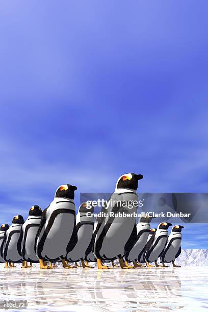 penguins march in a group against a blue sky - flightless bird stock-grafiken, -clipart, -cartoons und -symbole
