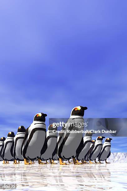 penguins march in a group against a blue sky - penguin flock stock illustrations