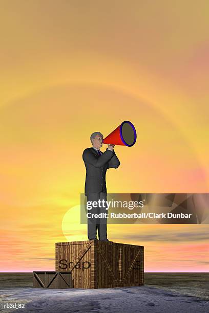 stockillustraties, clipart, cartoons en iconen met a business man shouts through a megaphone while standing on a soap box - op de zeepkist gaan staan