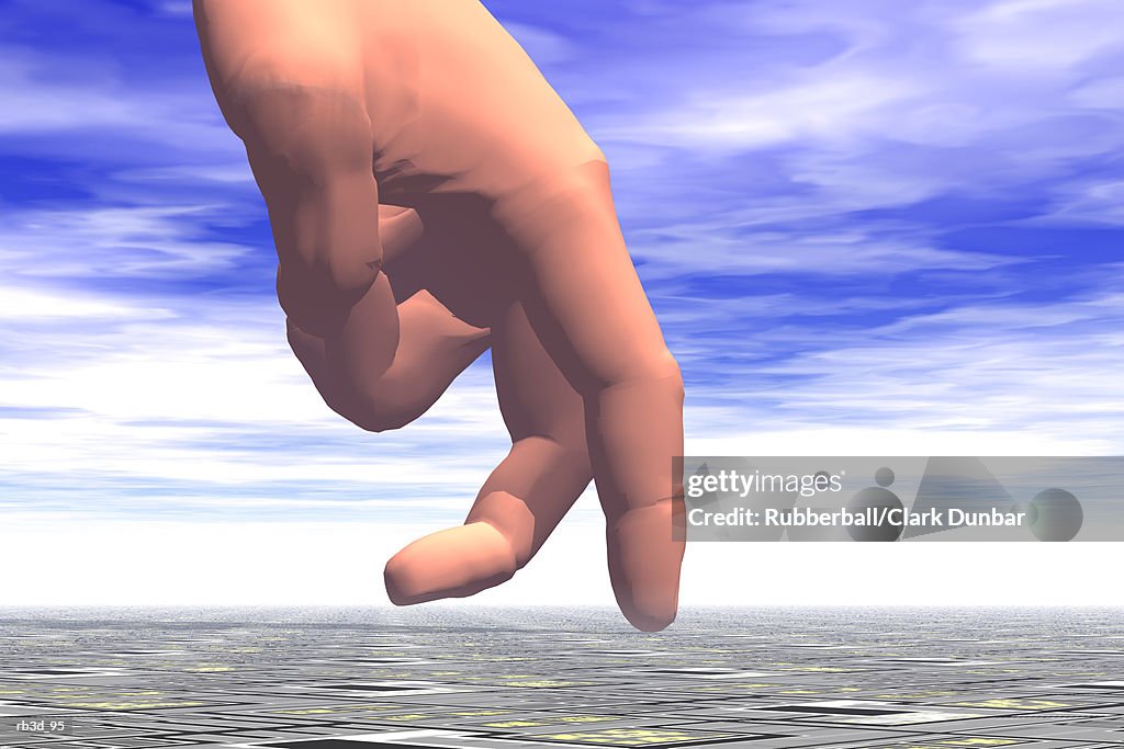 Hand with fingers walk across land with blue sky in the background