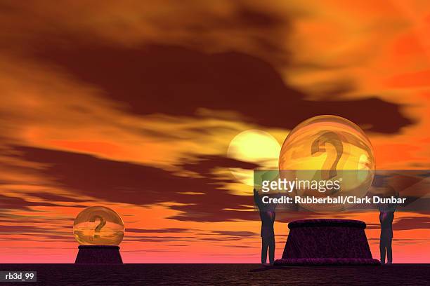 ilustrações, clipart, desenhos animados e ícones de questionmark crystal balls surounded by two men with outstretched arms against a cloudy orange background - crystal