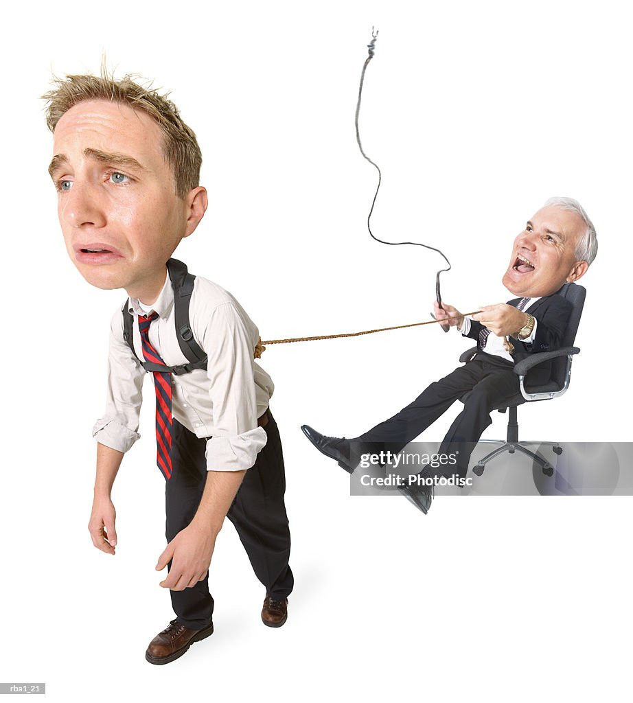 Conceptual caricature of caucasian businessman in suit he whips employee pulling him around in chair