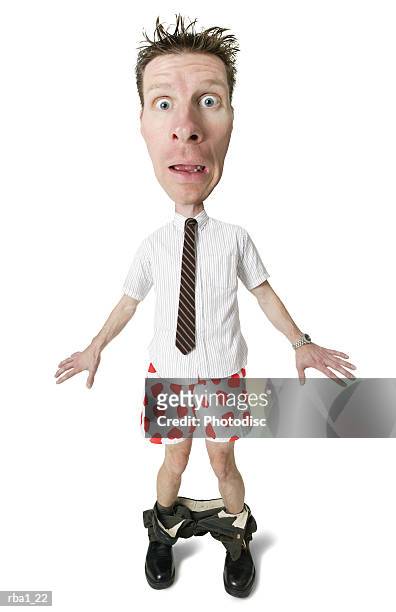 conceptual caricature of a caucasian man in shirt tie caught with pants down revealing heart boxers - trousers down stock pictures, royalty-free photos & images