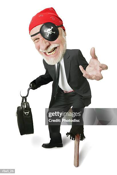 caricature of a caucasian business man as a corporate pirate complete with eye patch and peg leg - peg stock pictures, royalty-free photos & images