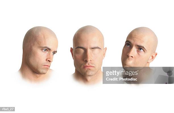 three conceptual photos of a bald caucasian man without ears without eyes and without a mouth - bald stock-fotos und bilder