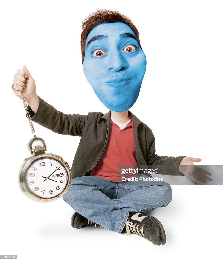 Conceptual caricature of a caucasian man he holds his breath and turns blue while holding a clock