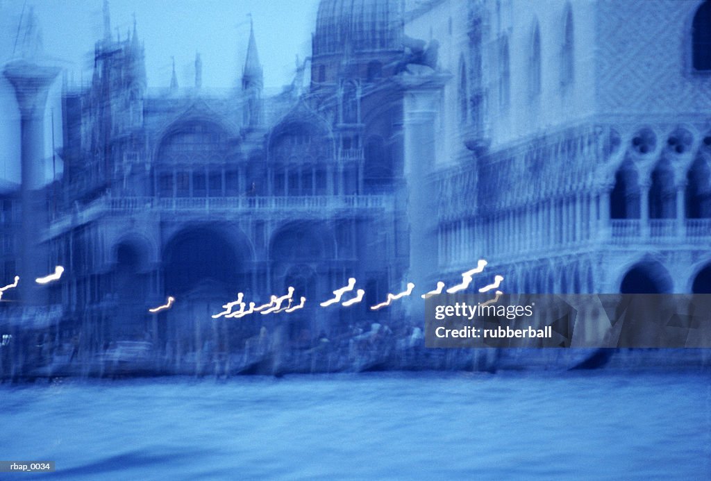 Abstract blue blurred photo of european architecture