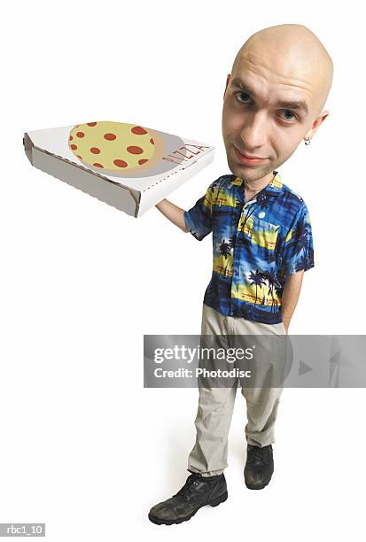photo caricature of a young caucasian male who is bald and dressed in a hawaiian shirt as he delivers a pizza - hawaiian pizza stock pictures, royalty-free photos & images