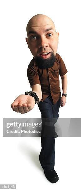 photo caricature of a young caucasian bald man with a goatee steps forward and outstretches his hand - bald stock-fotos und bilder